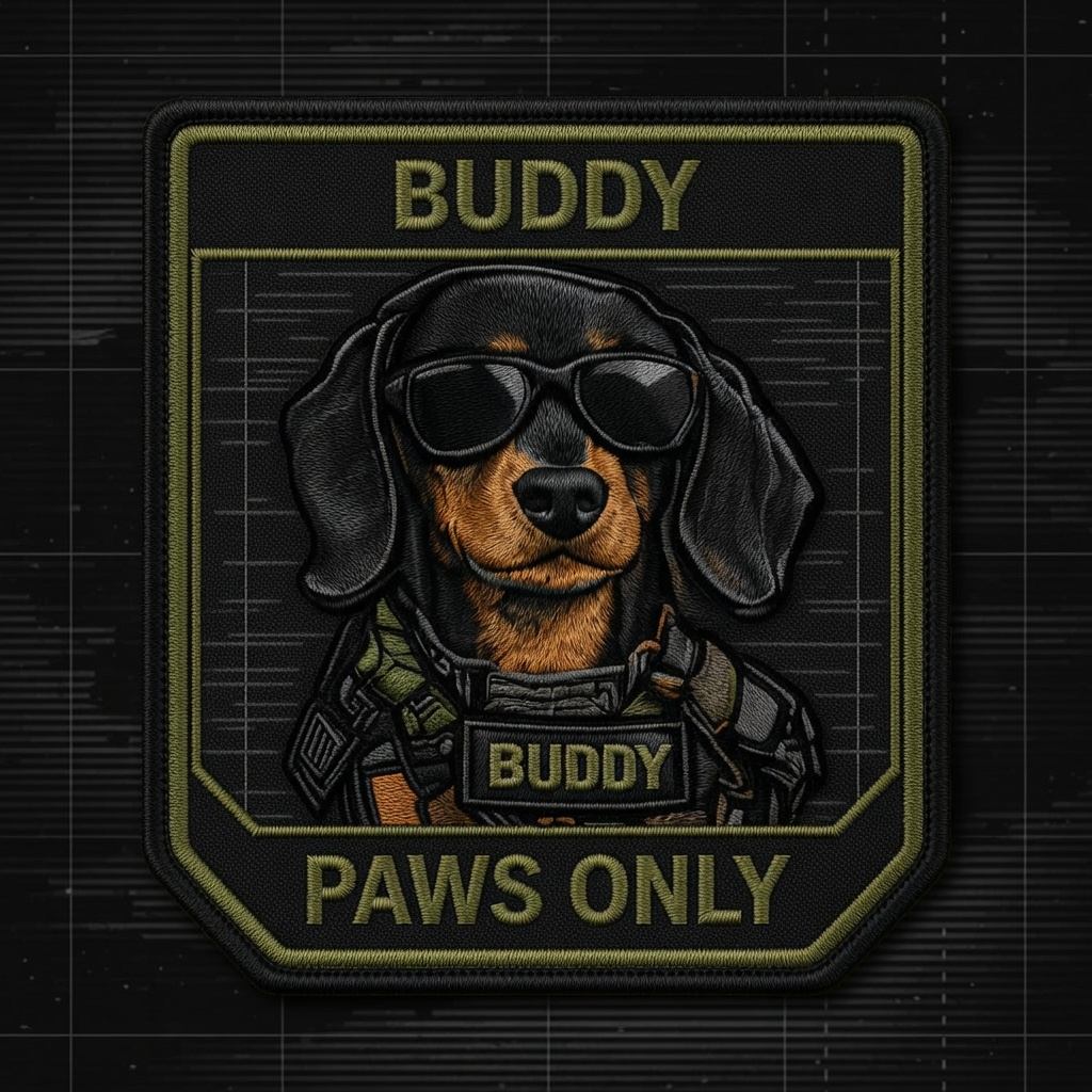 Buddy &mdash; black-and-tan tactical dachshund with signature sunglasses. Stylized PAWS ONLY unit portrait.