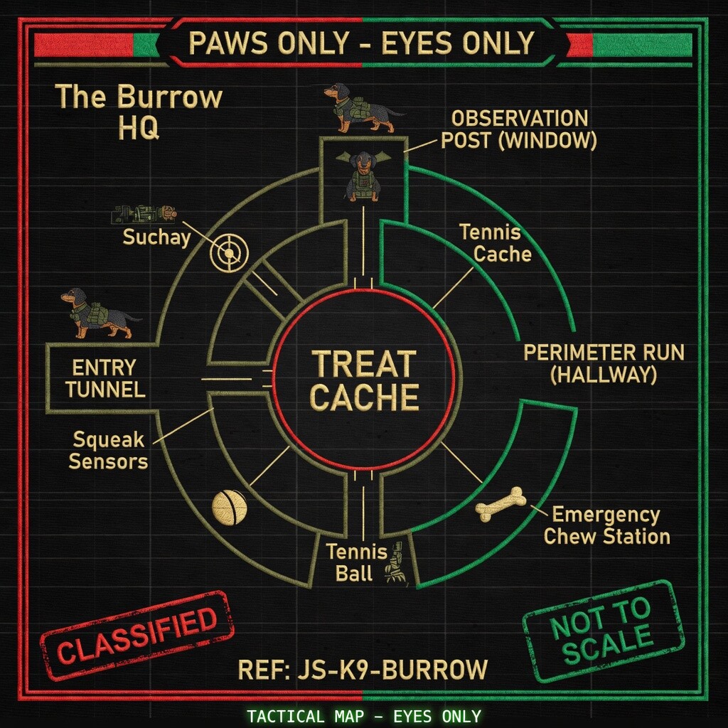 The Burrow HQ tactical map &mdash; treat cache, tunnels, perimeter run, observation post