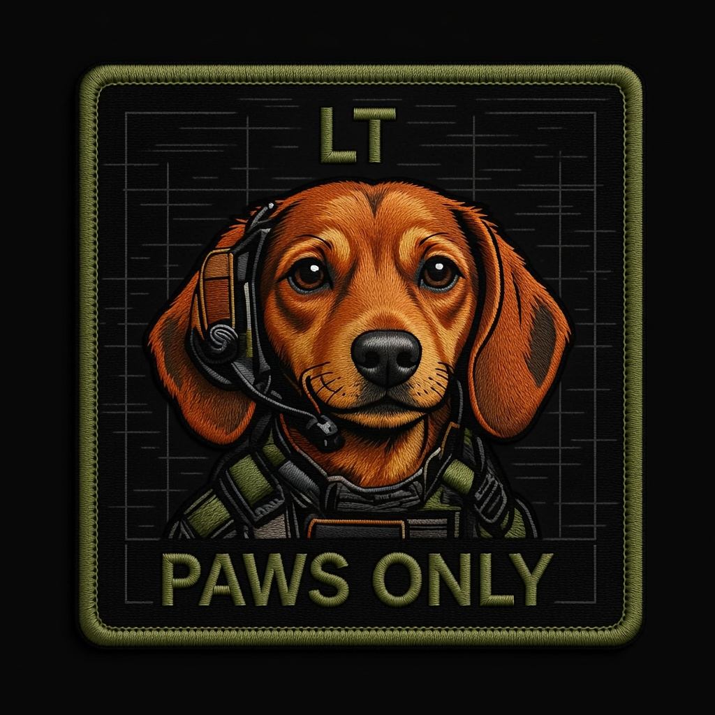 LT &mdash; red tactical dachshund, comms specialist with headset. Stylized PAWS ONLY unit portrait.
