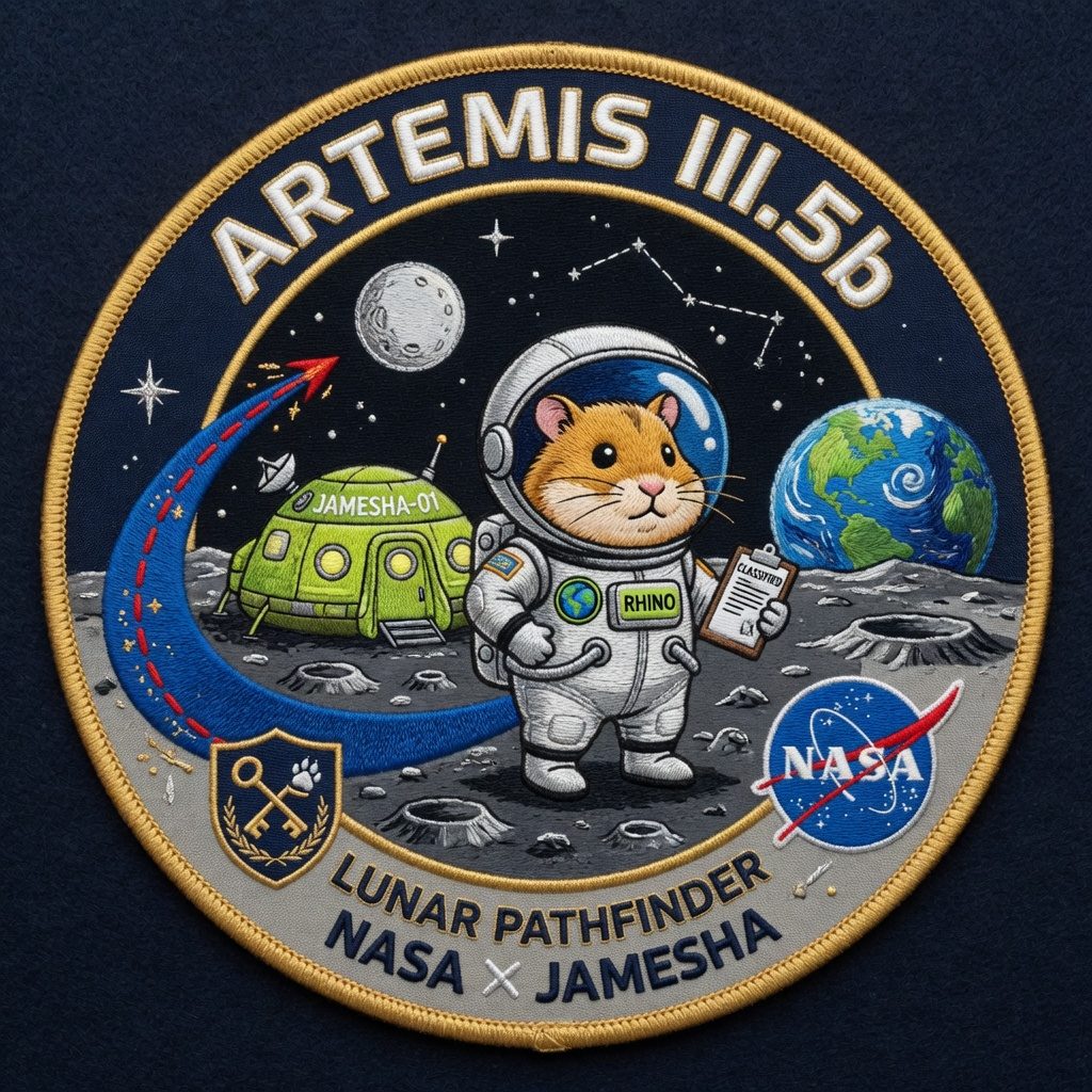 Joint NASA JAMESHA Artemis III.5b Lunar Pathfinder mission patch featuring Agent Rhino in a spacesuit on the Moon