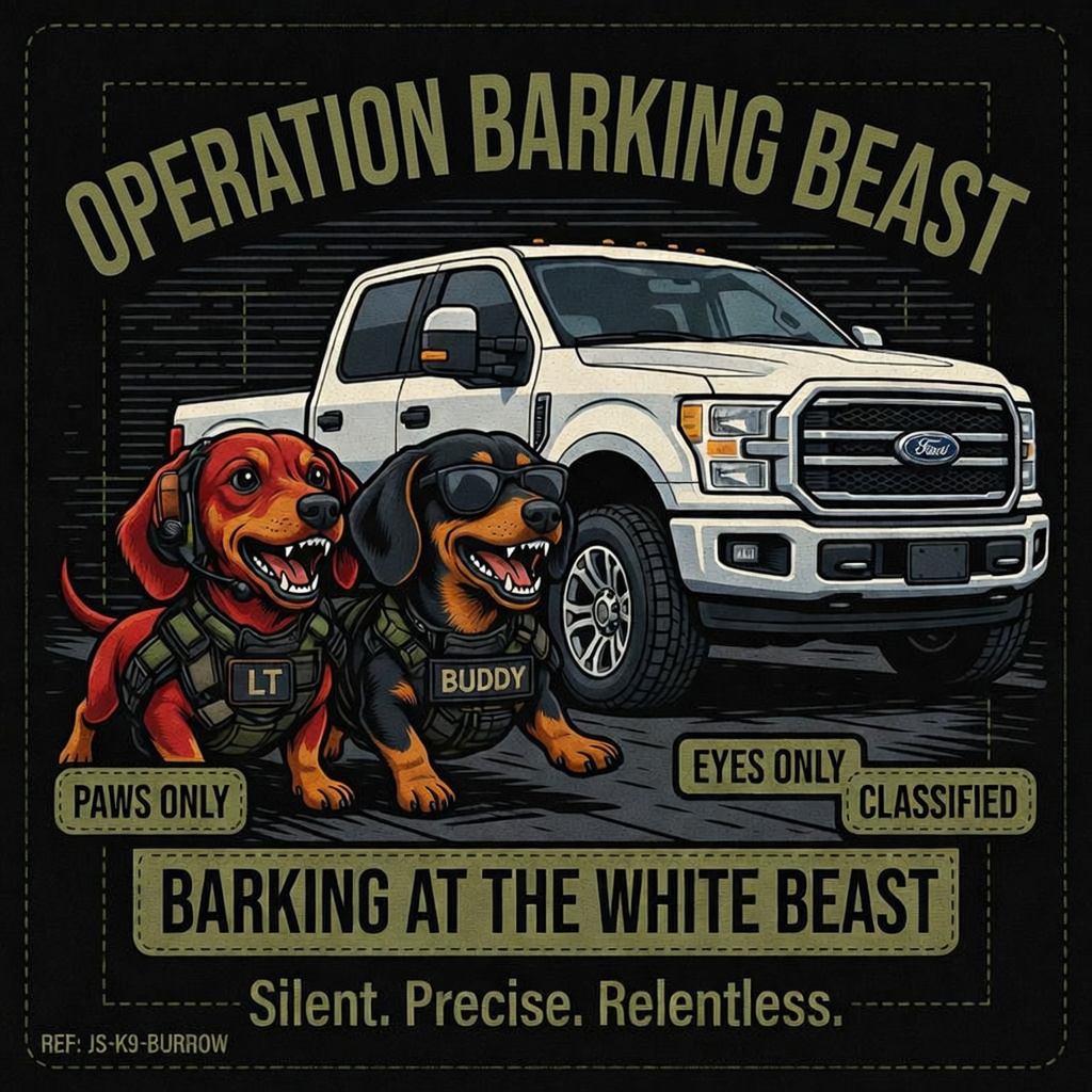 Operation Barking Beast &mdash; unit barking at oversized white Ford pickup truck. Stylized PAWS ONLY mission poster.