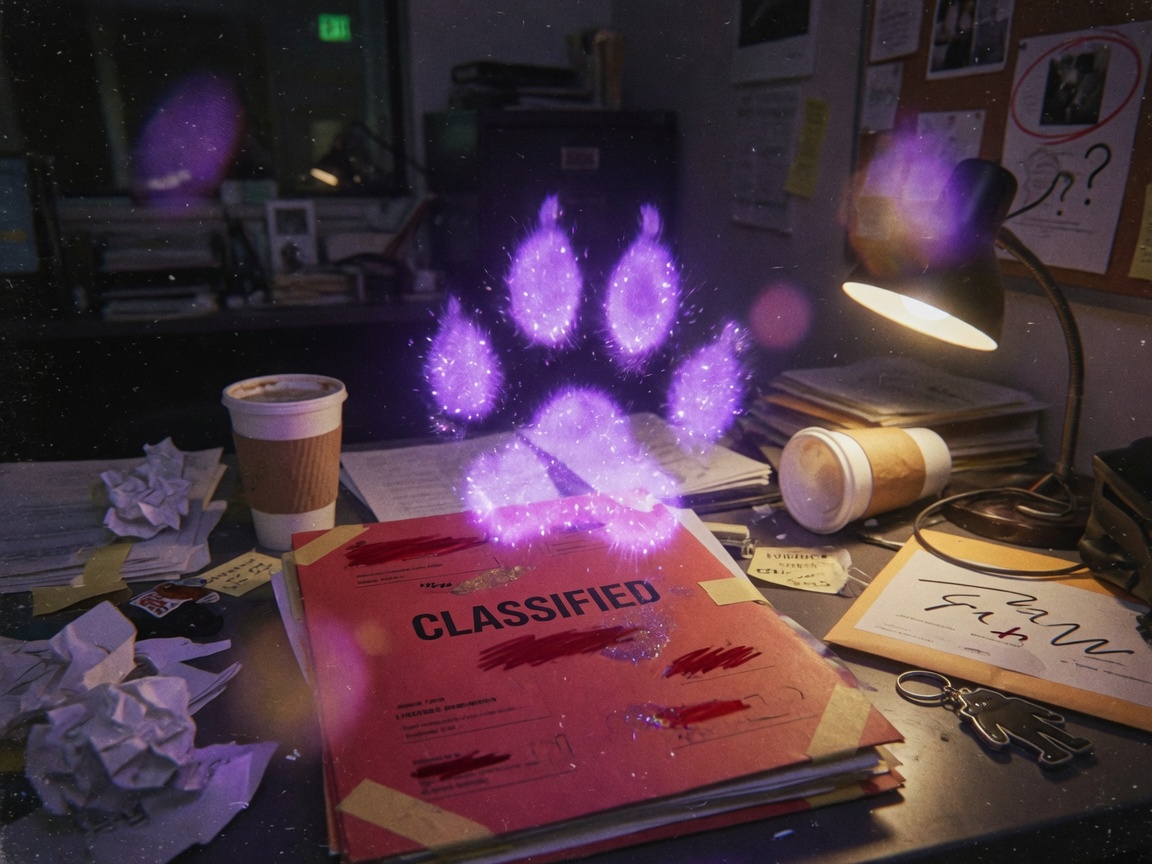 Blurry glowing paw on classified folder