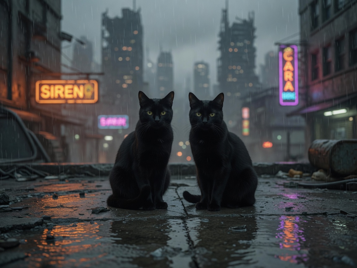 Luna and Freya sitting together on a rainy dystopian city street