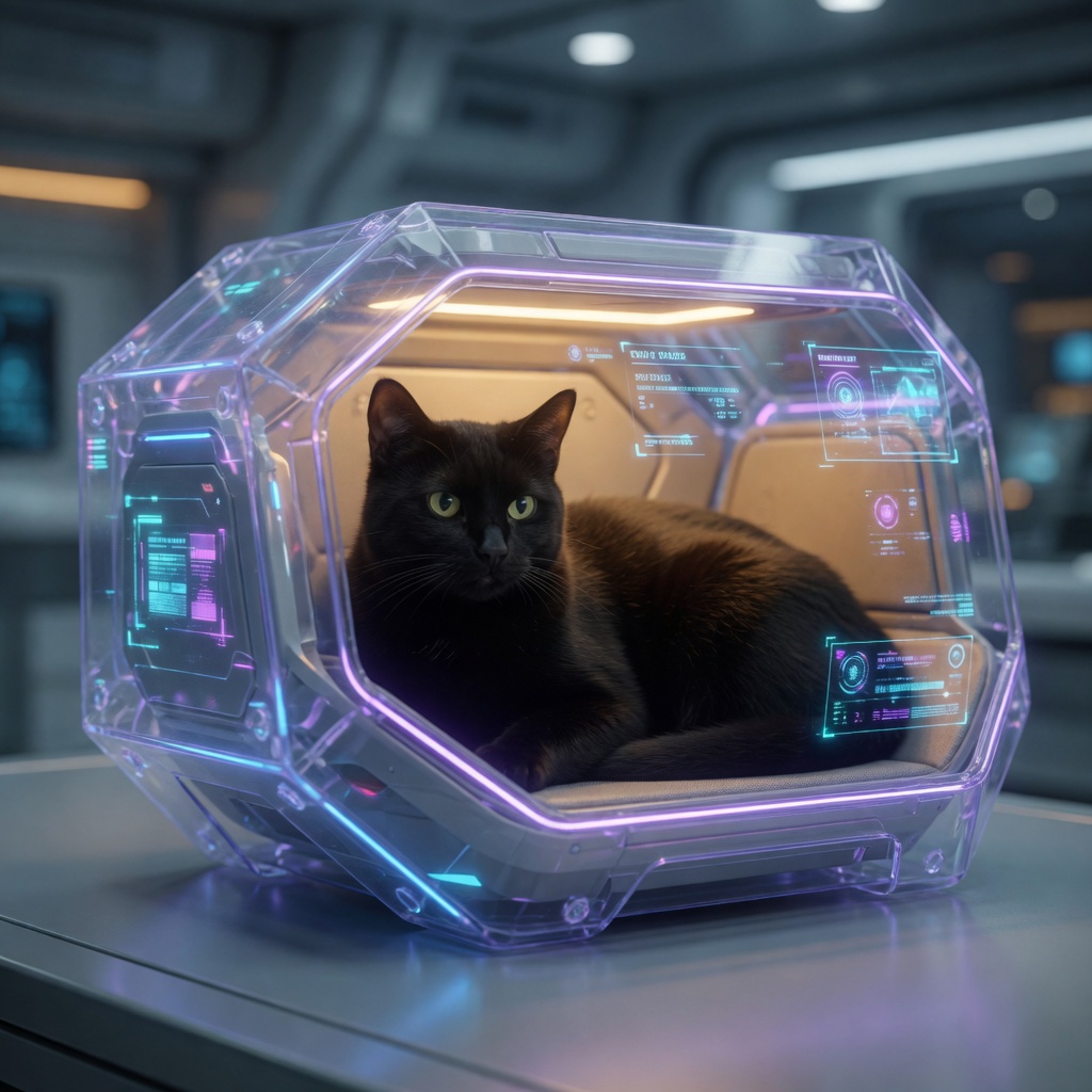 Black cat lounging in a glowing future-tech transit pod