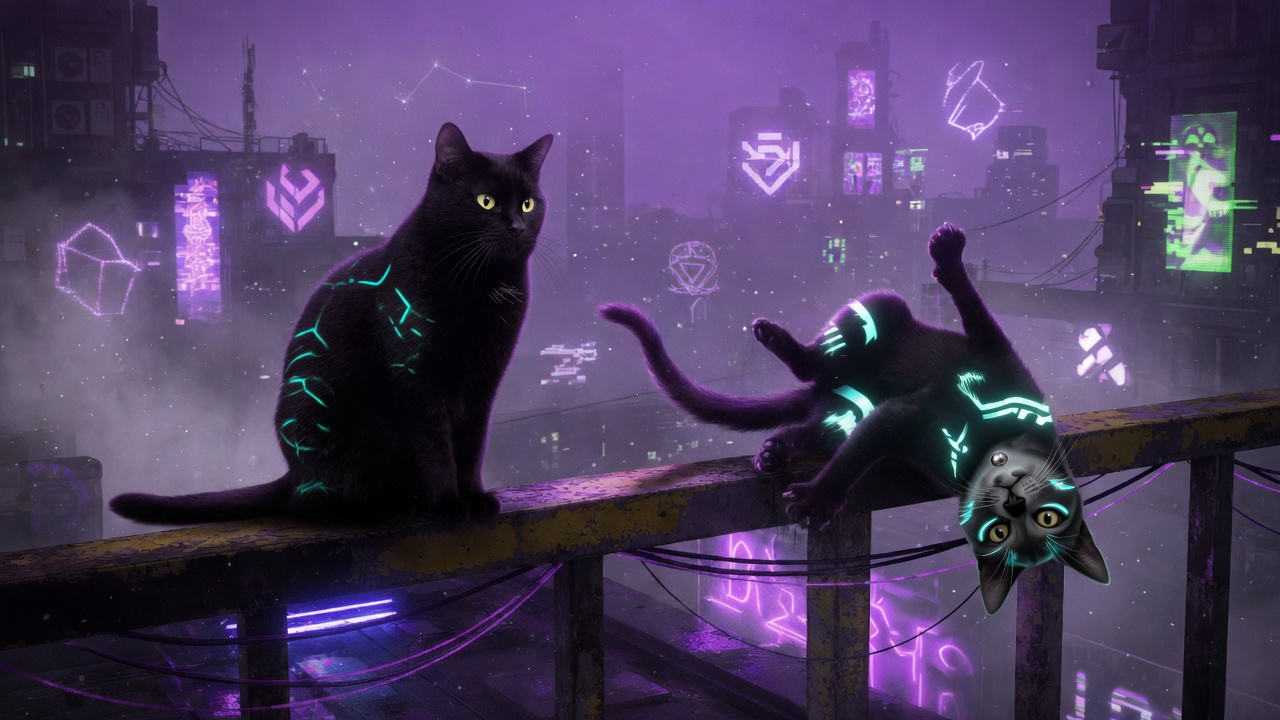 Luna and Freya on a neon rooftop &mdash; both black cats with tribal markings