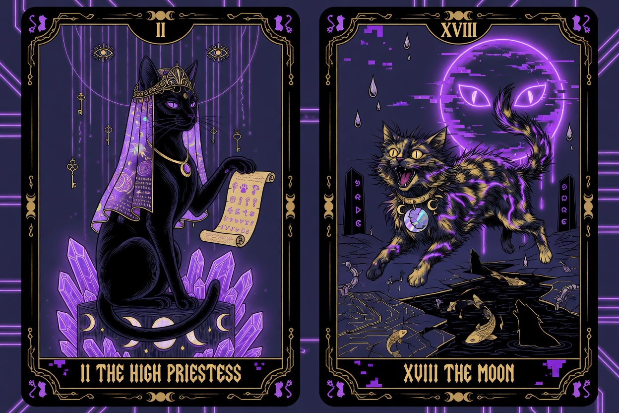Tarot-style art pairing two cat archetypes with moon and priestess motifs