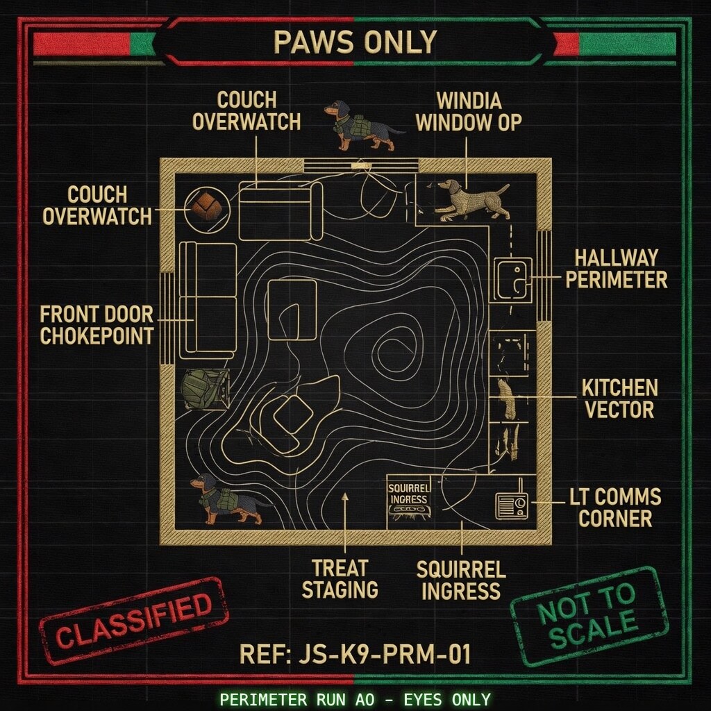 Perimeter Run AO map &mdash; living room threat overlay with couch overwatch, door chokepoint, window OP, hallway, kitchen vector