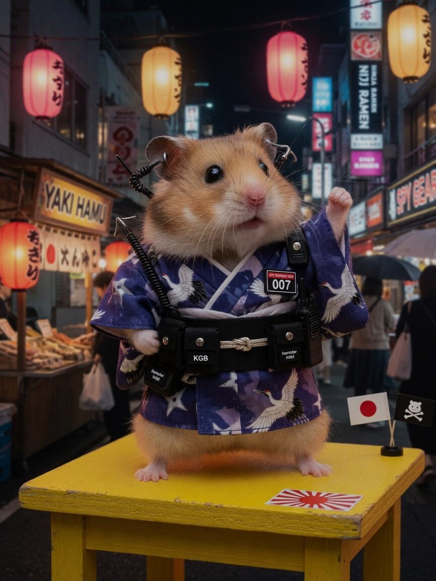 Rhino the hamster wearing a traditional Japanese kimono with tactical modifications during cultural camouflage training